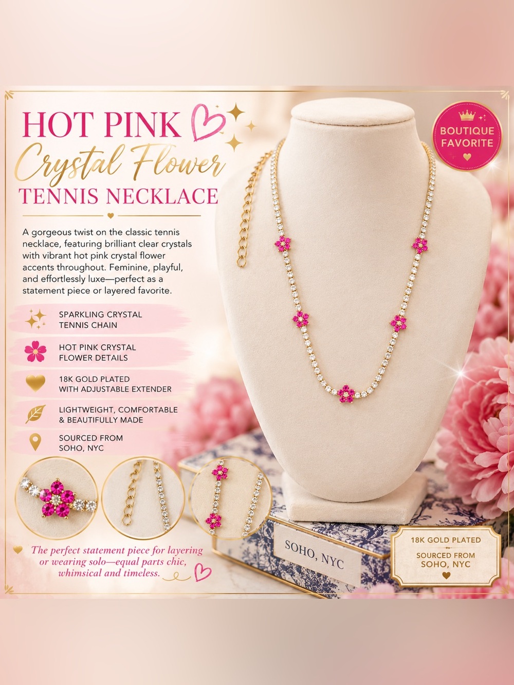✨💖 Hot Pink Crystal Flower Tennis Necklace 💖✨ handpicked in Soho New York City